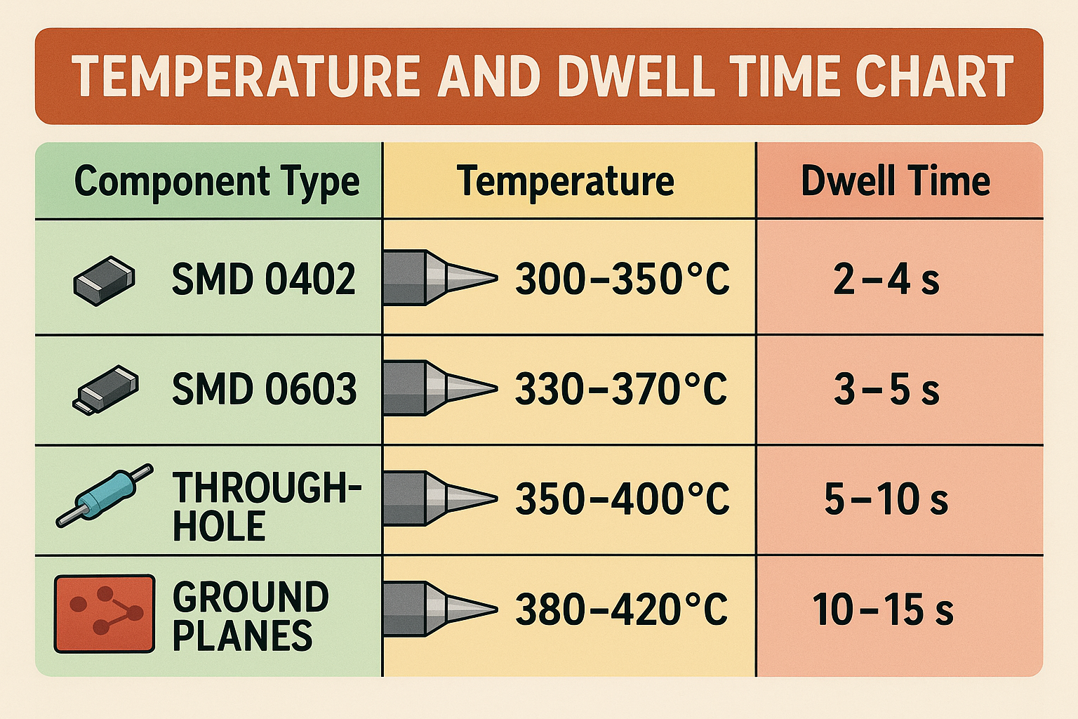 Create a detailed infographic in 1536x1024 landscape format showing a temperature and dwell time chart. Display a visual table with differen