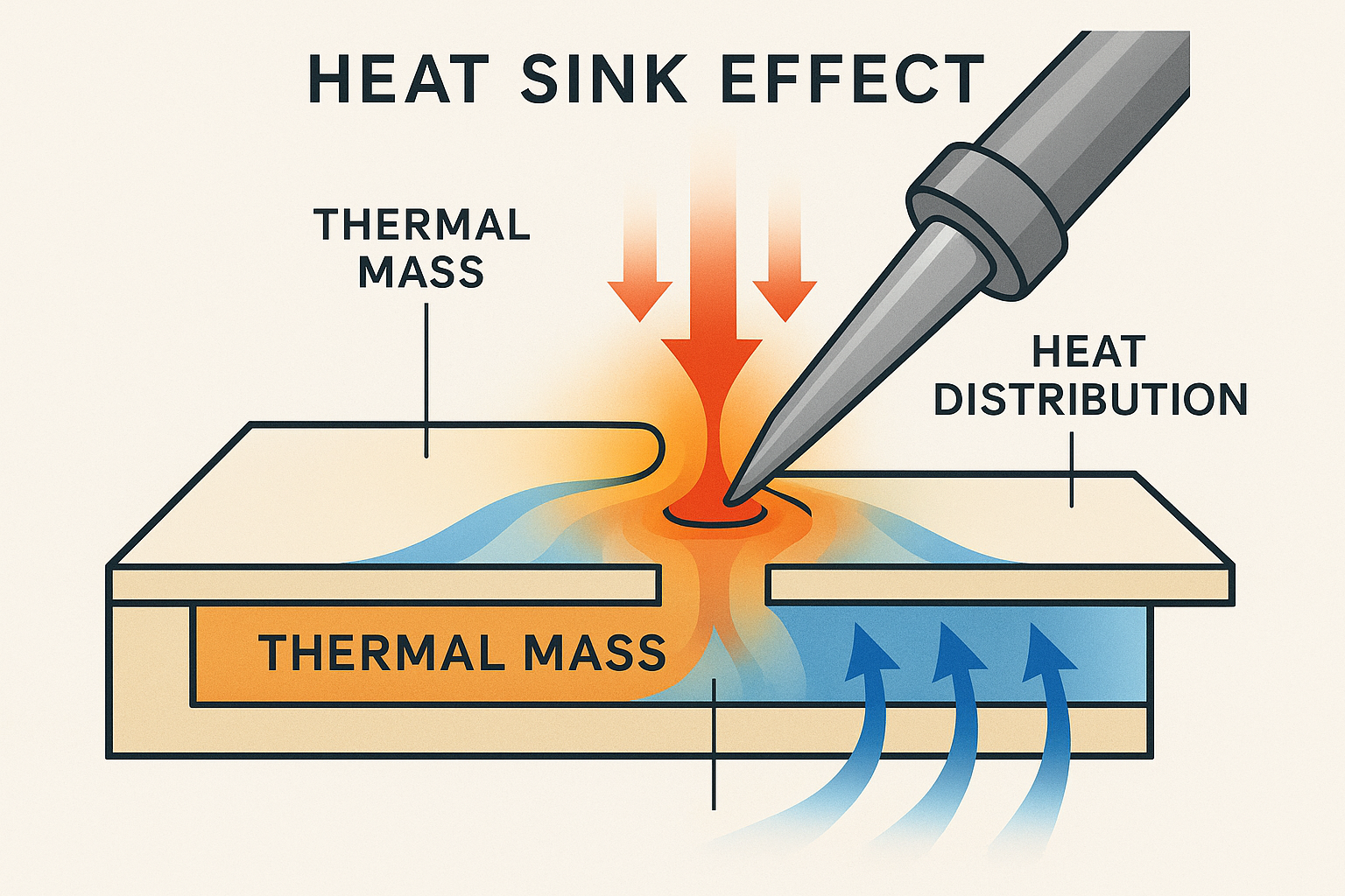 Create a technical illustration in 1024x1024 square format showing the heat sink effect on ground planes. Display a cross-section view of a