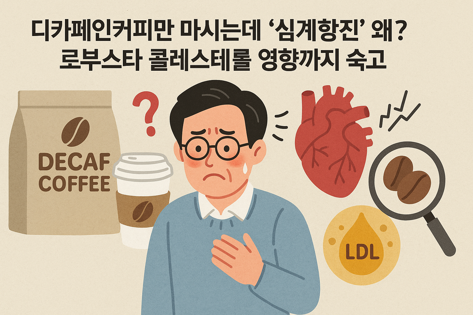 Illustration for: 디카페인커피만 마시는데 '심계항진' 왜? 로부스타 콜레스테롤 영향까지 숙고