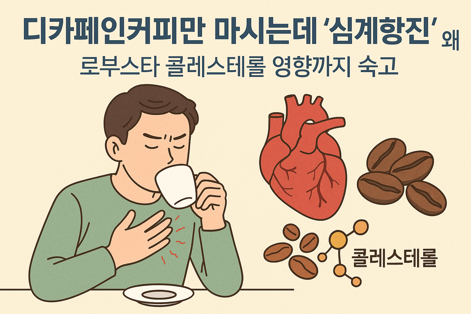 Illustration for: 디카페인커피만 마시는데 '심계항진' 왜? 로부스타 콜레스테롤 영향까지 숙고