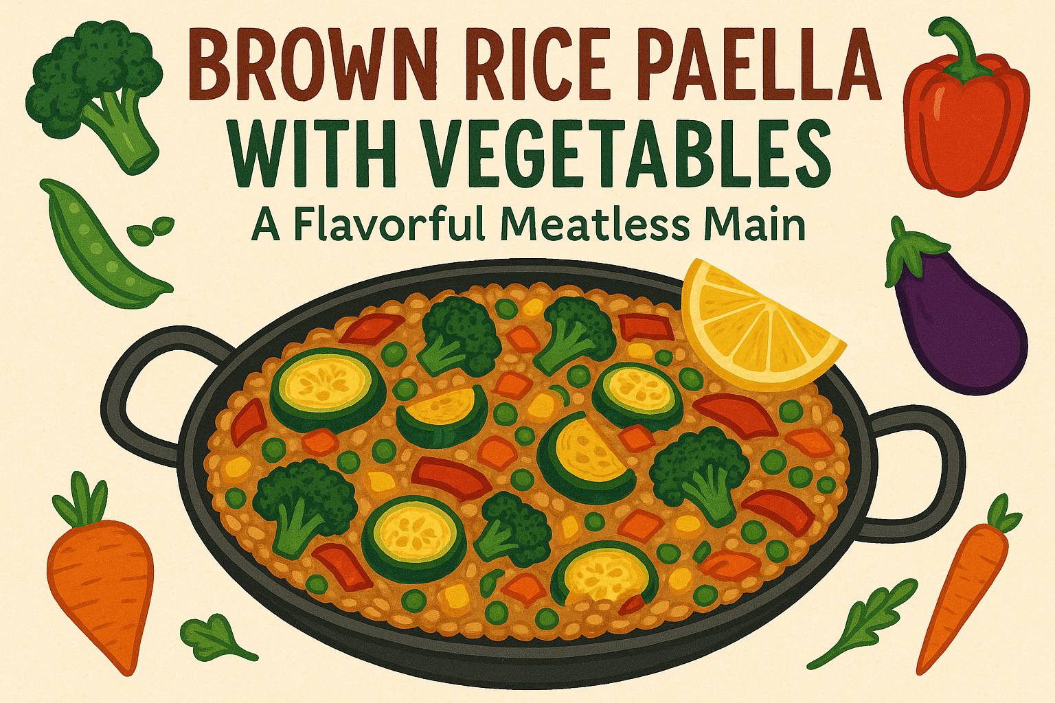 Illustration for: Brown Rice Paella with Vegetables – A Flavorful Meatless Main