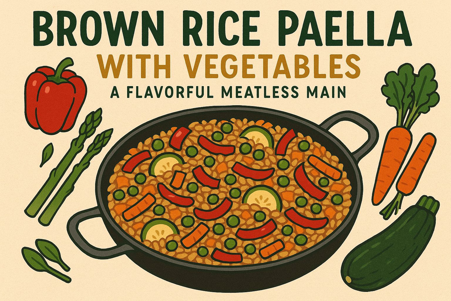 Illustration for: Brown Rice Paella with Vegetables – A Flavorful Meatless Main