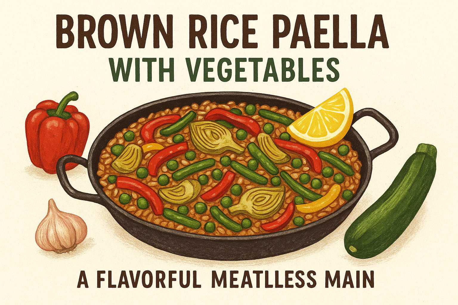 Illustration for: Brown Rice Paella with Vegetables – A Flavorful Meatless Main