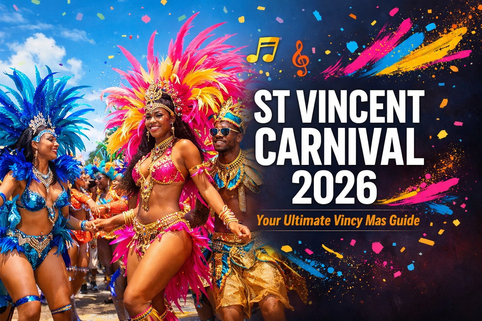 Cover image in 1536x1024 landscape format featuring a vibrant St Vincent carnival parade scene with colorful feathered costumes in blue, pin