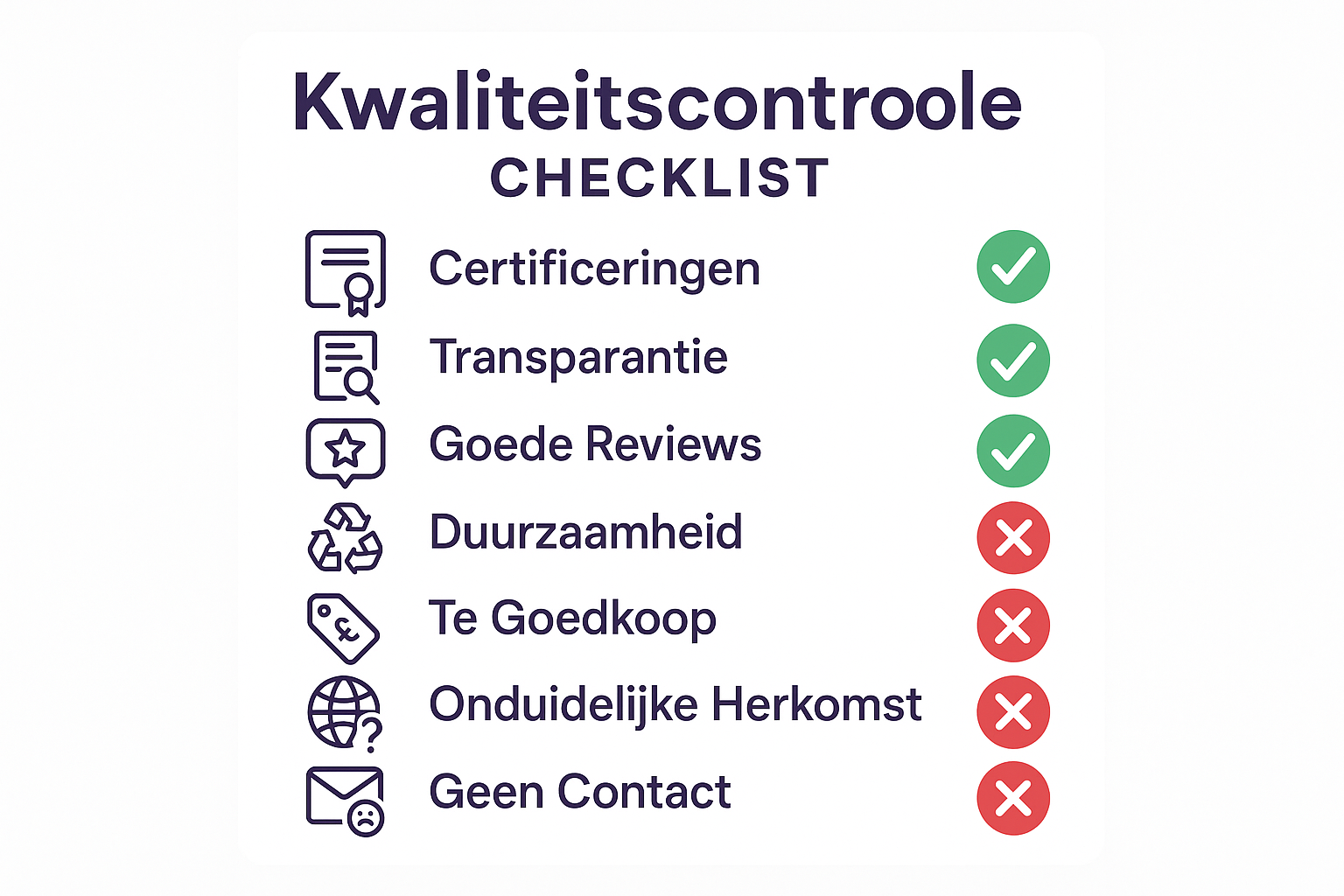 Product quality checklist in 1024x1024 square format titled "Kwaliteitscontrole Checklist" with green checkmarks for positive indicators (Ce