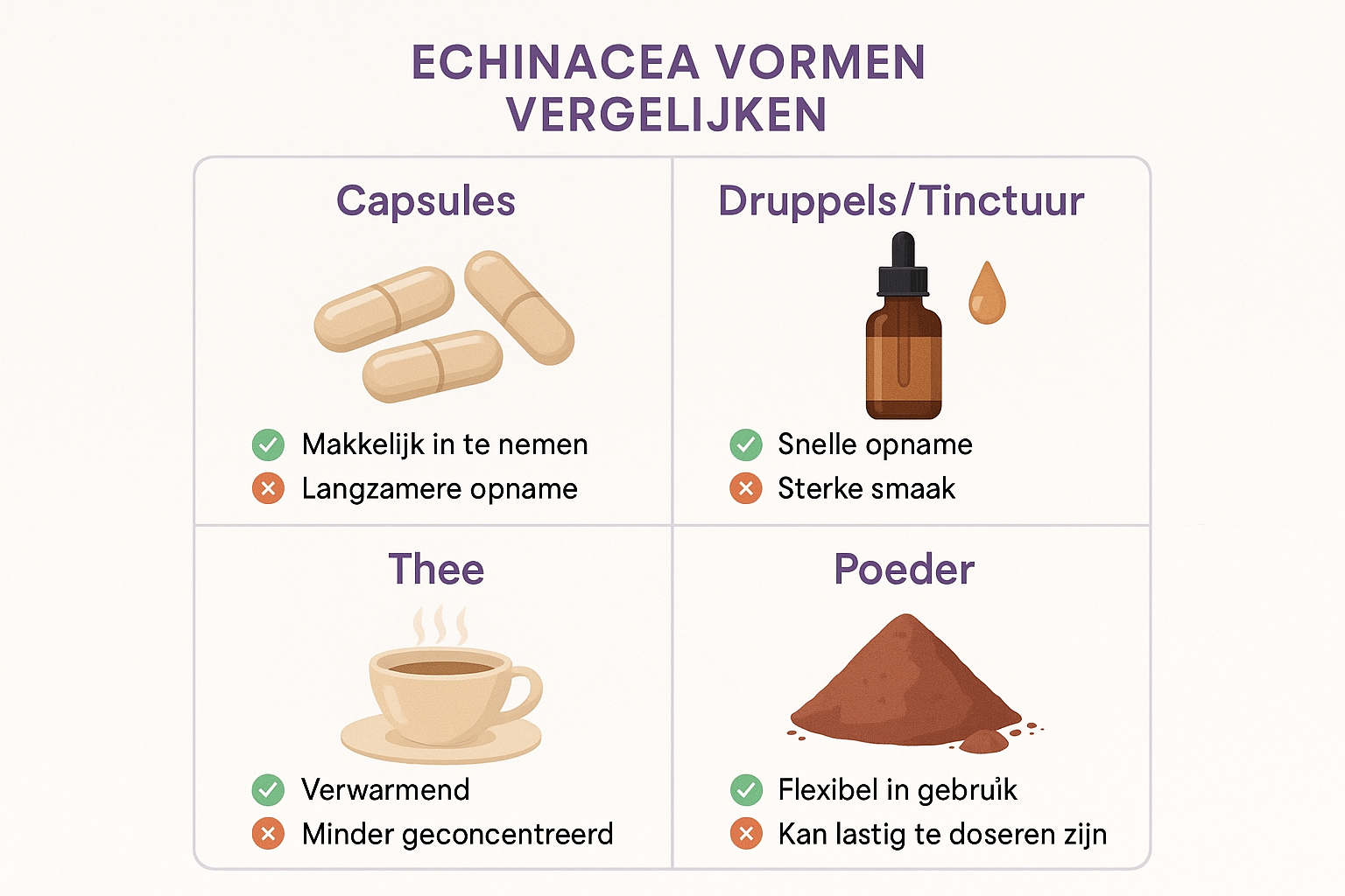 Square 1024x1024 comparison chart titled "Echinacea Vormen Vergelijken". Four quadrants showing different forms: capsules, drops/tincture, t