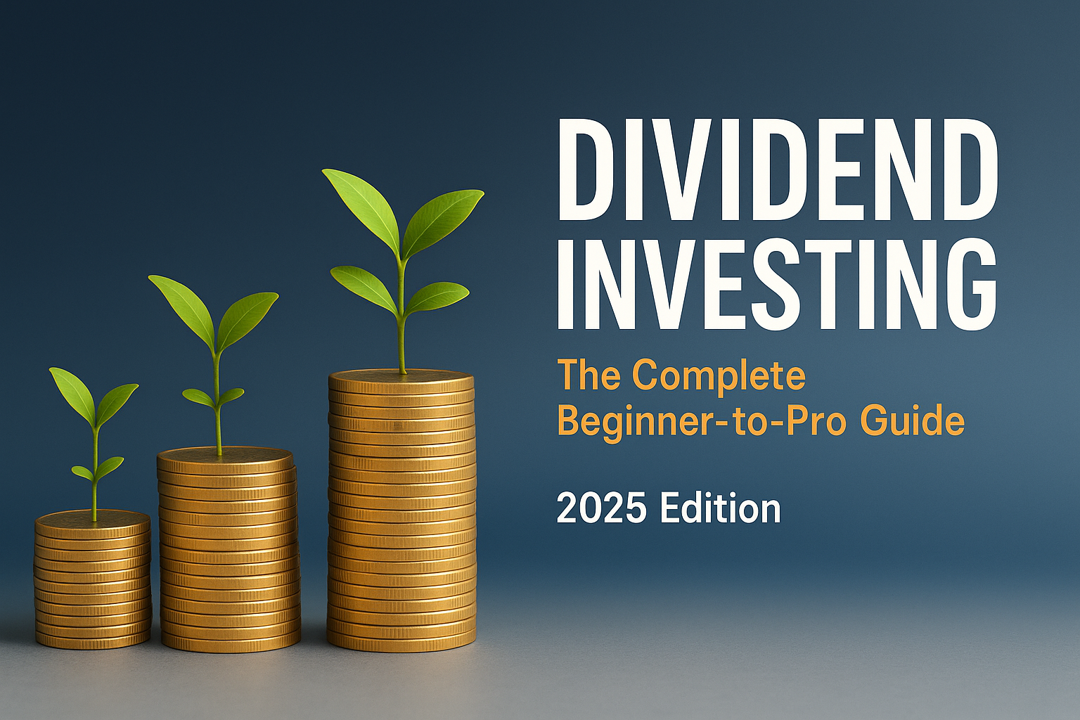 Cover image in 1536x1024 landscape format. Professional financial concept showing stacks of gold coins with small green plants growing from 