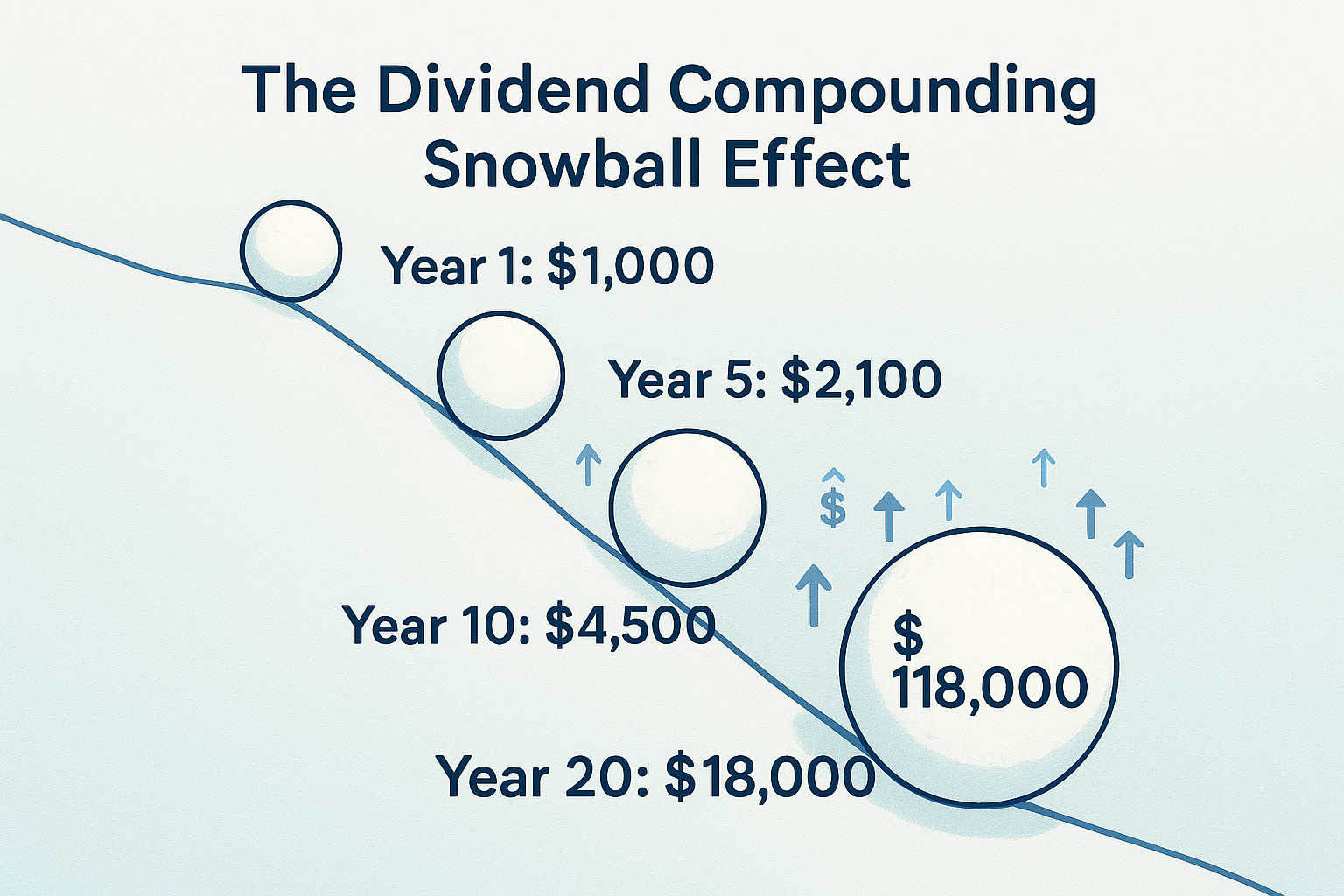Visual diagram in 1024x1024 square format illustrating "The Dividend Compounding Snowball Effect." Show a small snowball at the top of a hil