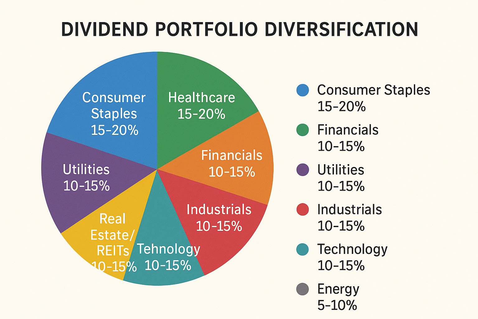 Infographic in 1536x1024 landscape format showing "Dividend Portfolio Diversification" with eight colorful pie chart sections representing d