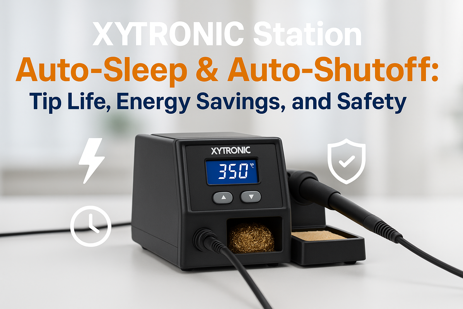 Create a professional cover image in 1536x1024 landscape format showing a modern XYTRONIC soldering station with a digital display and handp