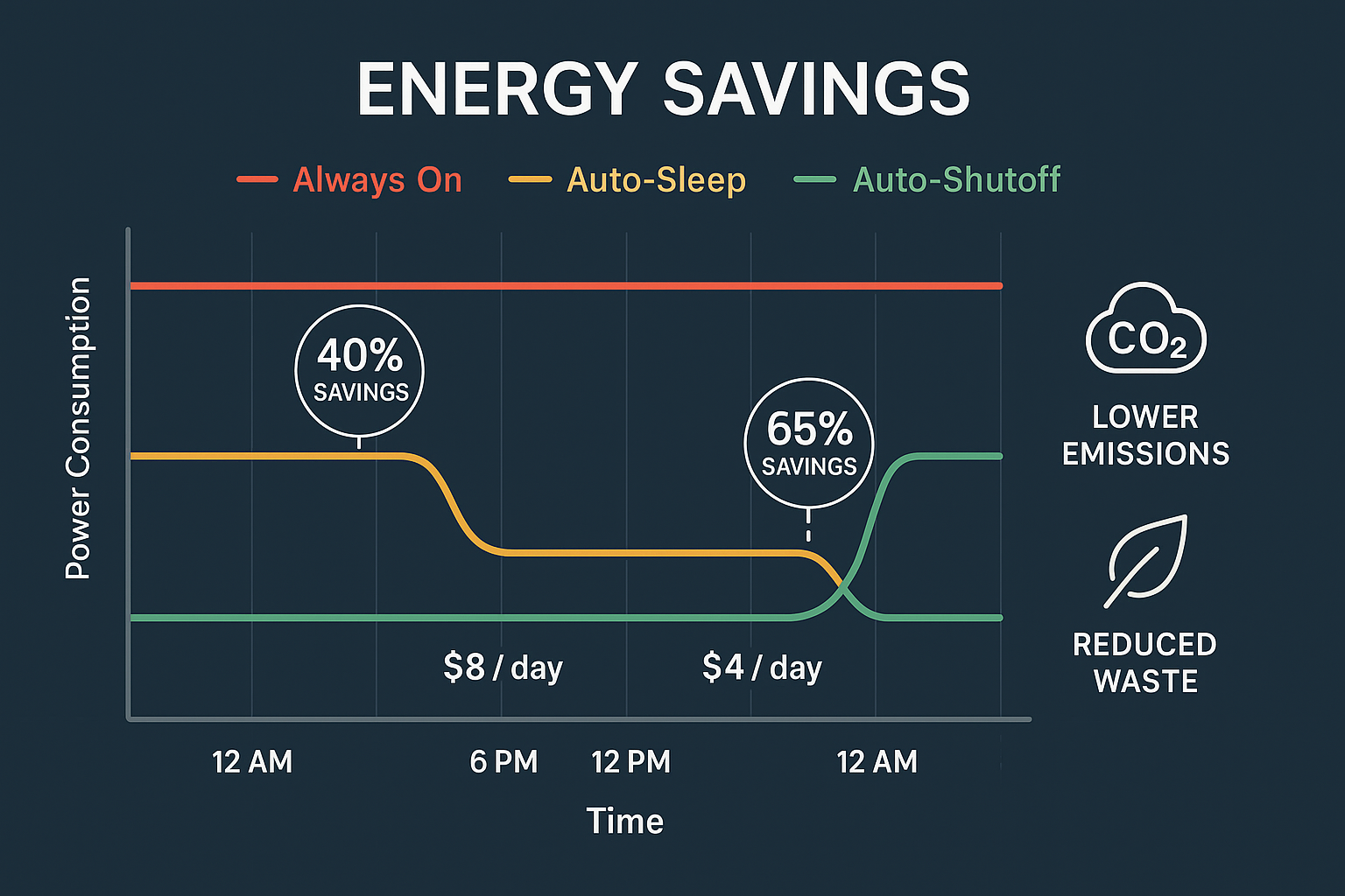 Create a comprehensive energy savings visualization in 1536x1024 landscape format showing power consumption graphs over a 24-hour period. Di