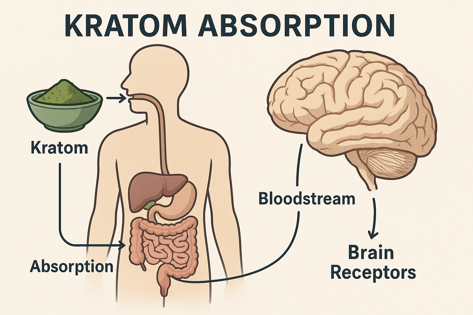 An educational diagram in 1024x1024 format illustrating the kratom absorption process in the human body, showing the journey from consumptio