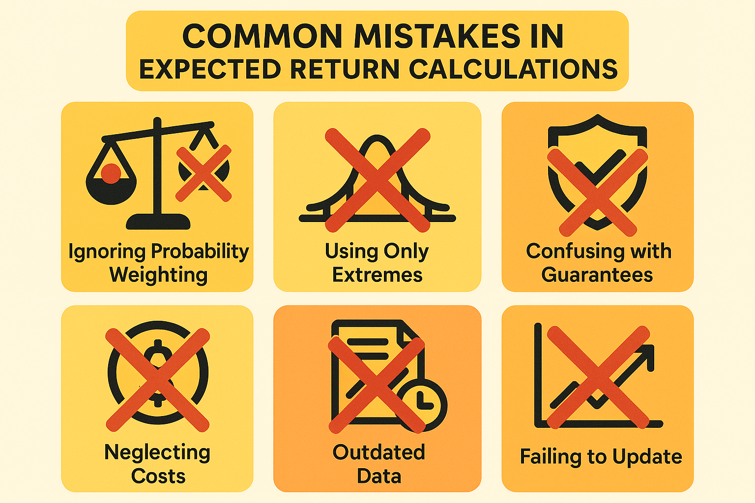 Square 1024x1024 image showing common mistakes in expected return calculations. Display 6 icons with brief labels: "Ignoring Probability Wei