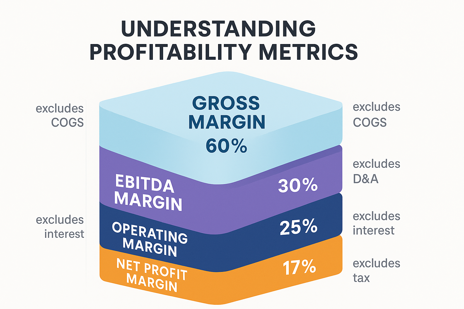 Visual comparison diagram in 1024x1024 square format showing four profitability metrics as stacked layers. From top to bottom: "Gross Margin