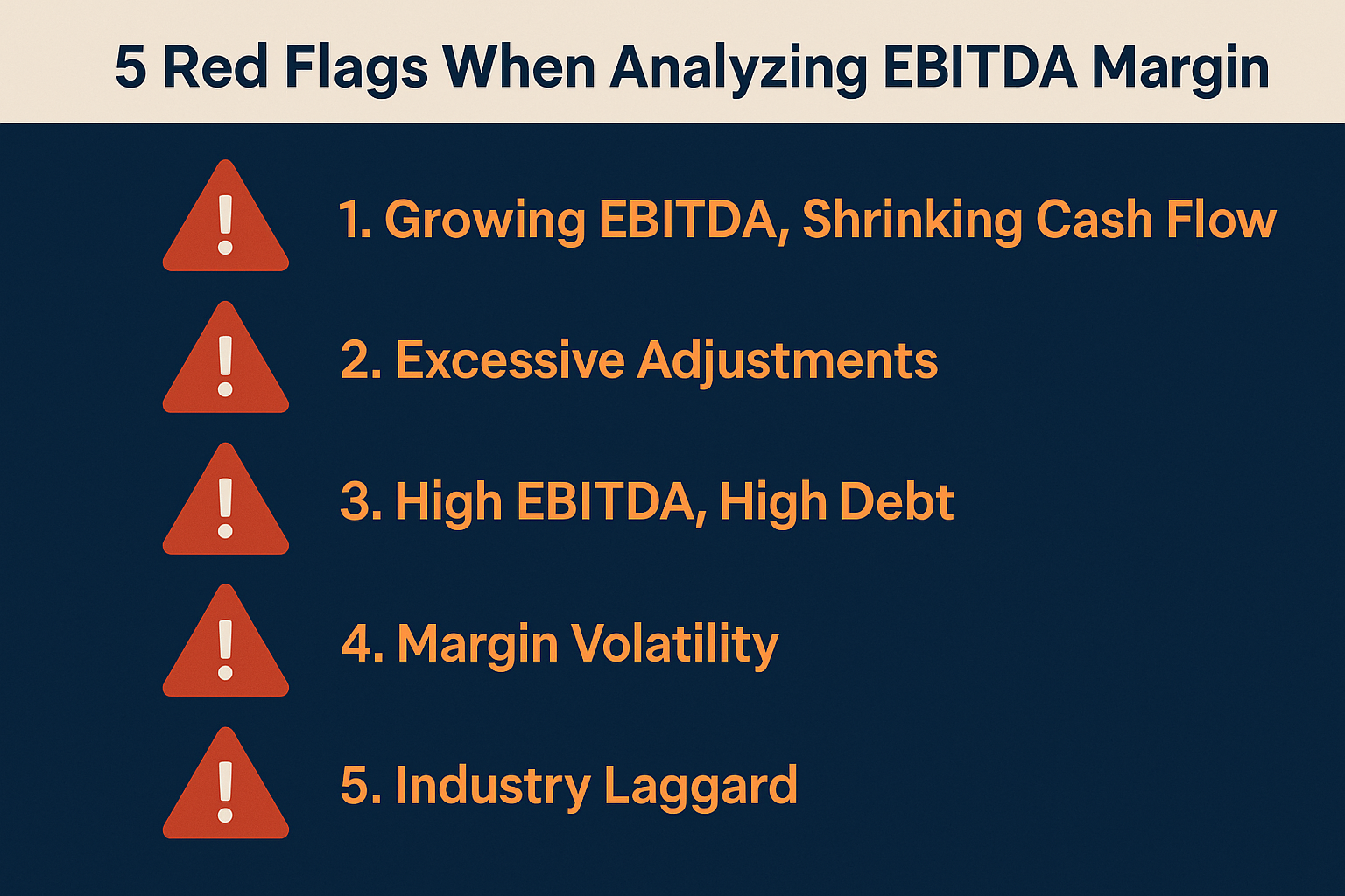Infographic in 1536x1024 landscape format showing "5 Red Flags When Analyzing EBITDA Margin" with five warning symbols (red triangular warni