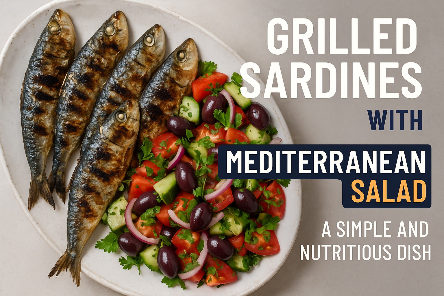 Create a landscape cover image (1536x1024) featuring beautifully grilled sardines with char marks arranged on a rustic white platter, surrou