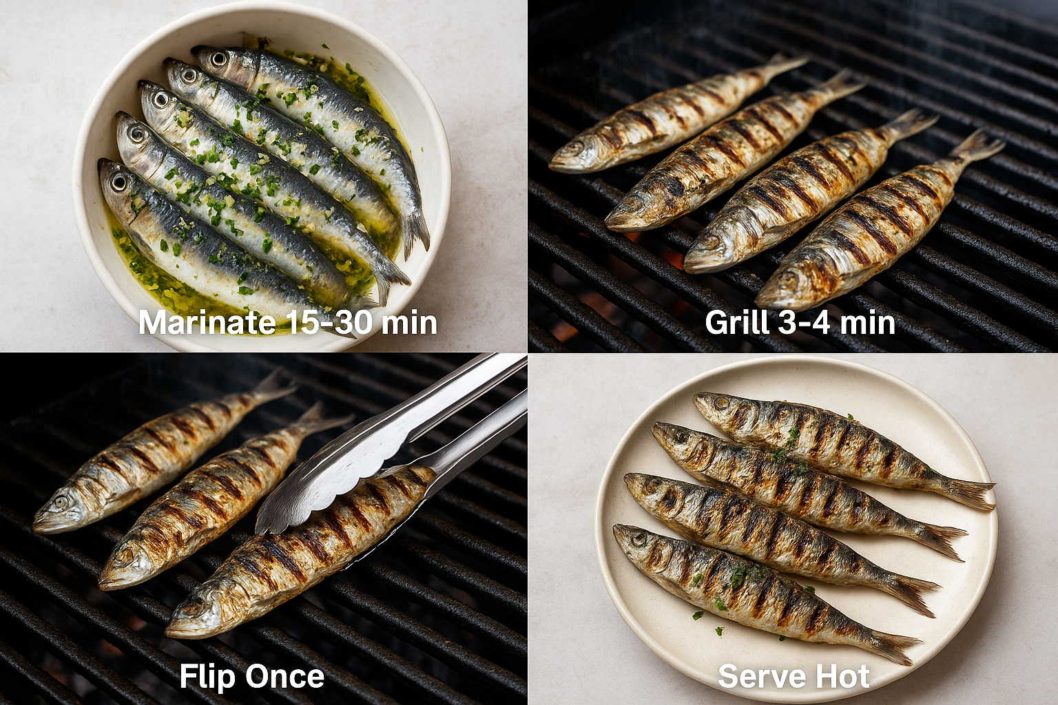 Create a square image (1024x1024) showing a step-by-step visual guide for grilling sardines. Display four clean, well-lit photos in a 2x2 gr