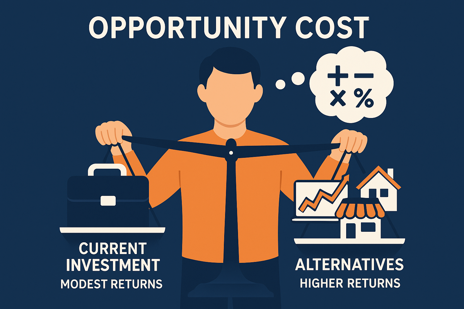 Square 1024x1024 illustration showing opportunity cost concept. Central image of a person holding a balance scale: one side has a briefcase