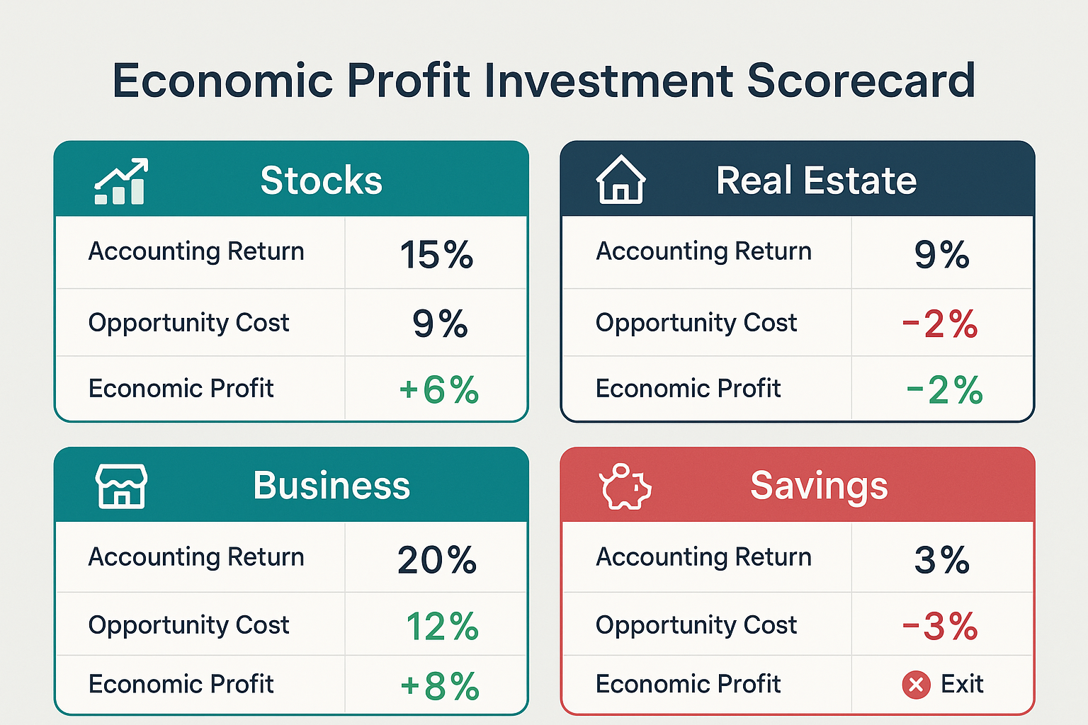 Dashboard-style infographic in 1536x1024 landscape format titled "Economic Profit Investment Scorecard". Shows 4 investment cards (stocks, r