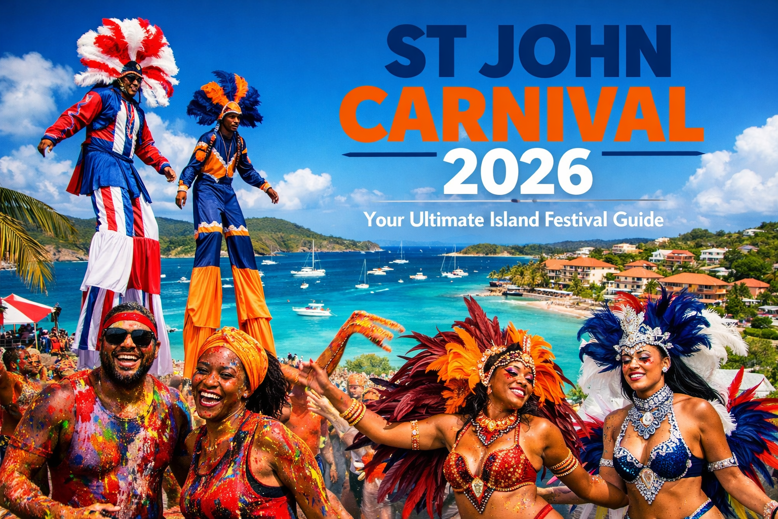 Cover image in 1536x1024 landscape format showing a vibrant St. John carnival scene with colorful costumed dancers in feathers and beads aga