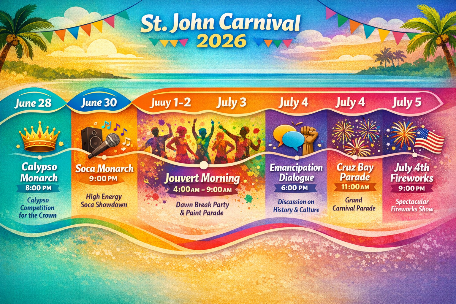 Infographic in 1536x1024 landscape format showing a visual timeline of St. John Carnival 2026 events from June 28 to July 5. Each day featur