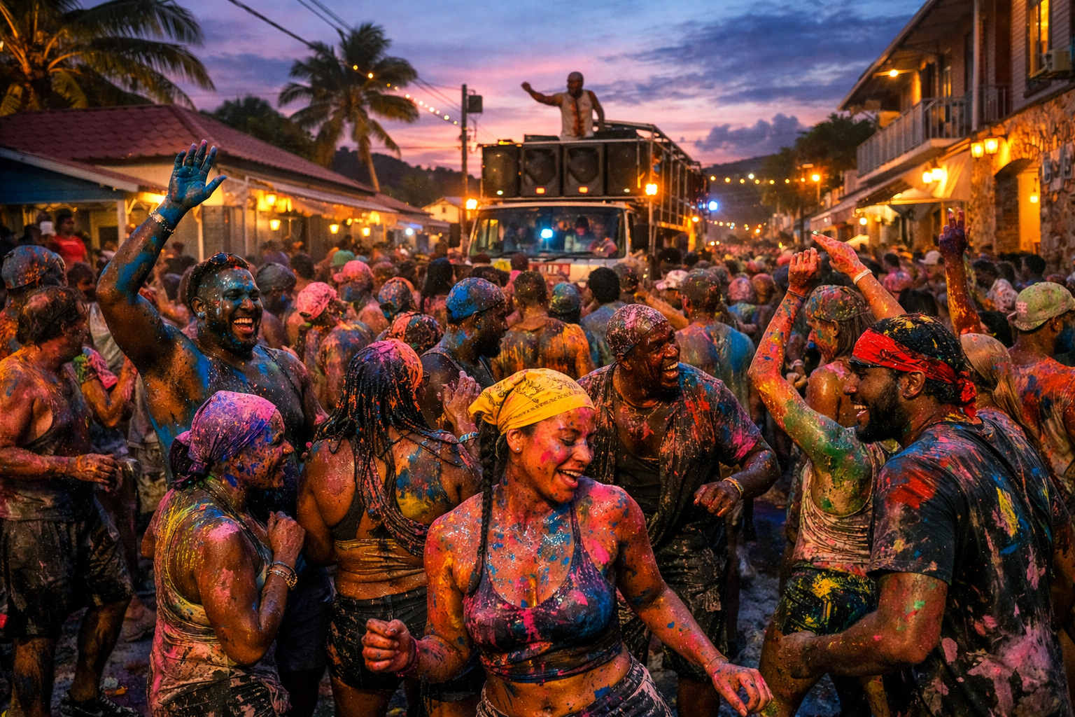 Square 1024x1024 image showing an authentic St. John Jouvert morning scene with revelers covered in colorful paint, powder, and mud dancing
