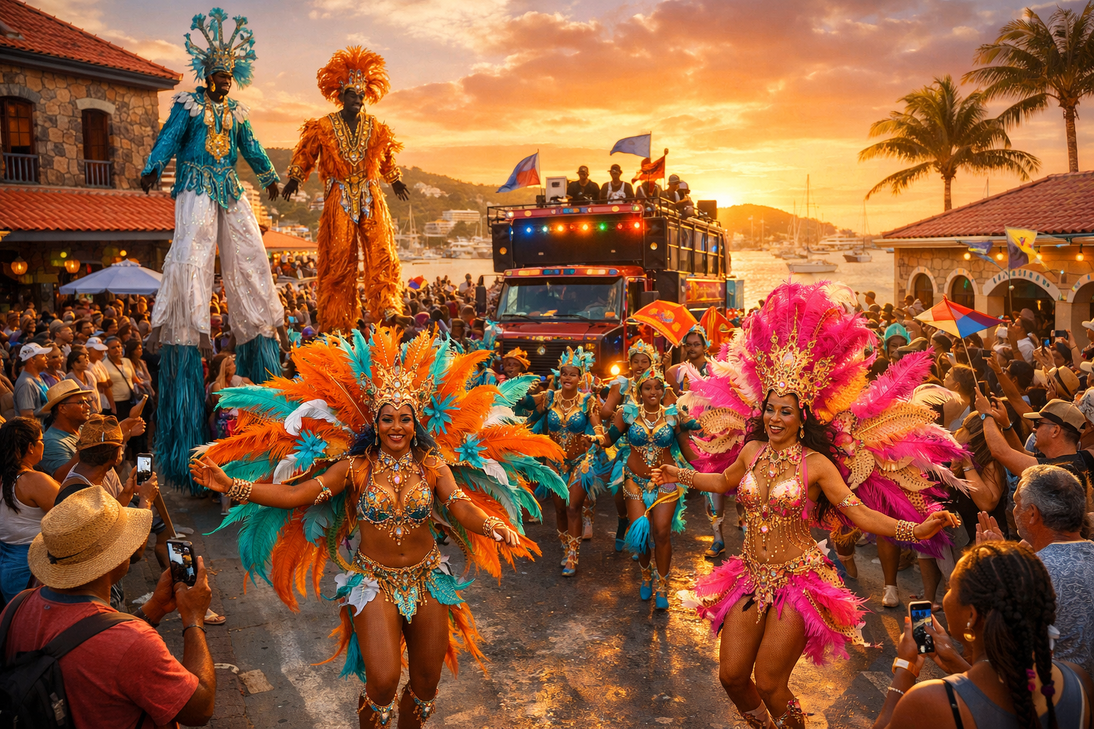 Square 1024x1024 image showing the spectacular Cruz Bay Carnival parade with elaborate feathered costumes, colorful troupes, and Caribbean c