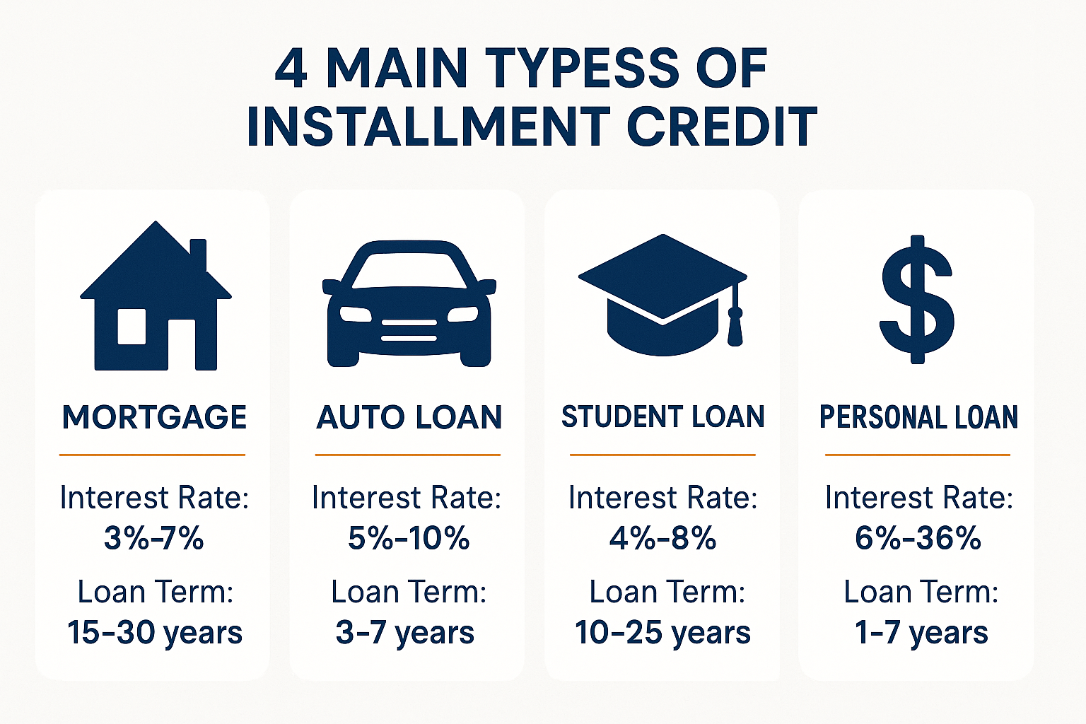Square 1024x1024 An infographic showing the four main types of installment credit with simple icons: a house (mortgage), car (auto loan), gr