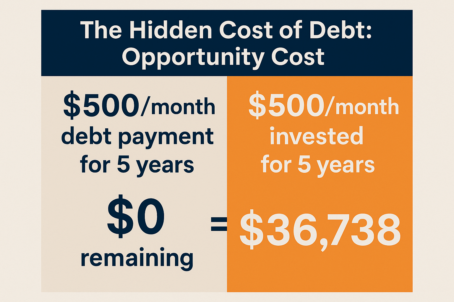 Square 1024x1024 A simple, powerful visual showing the opportunity cost of debt. Split image design: left side shows "$500/month debt paymen