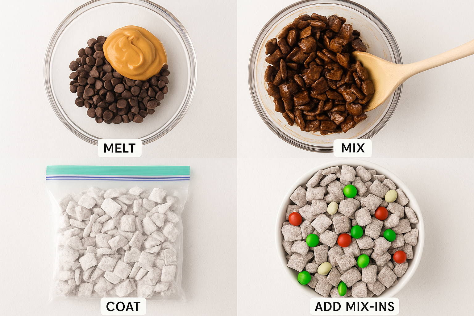 Create a 1024x1024 square step-by-step visual guide showing the puppy chow making process. Divide the image into 4 quadrants: top left shows