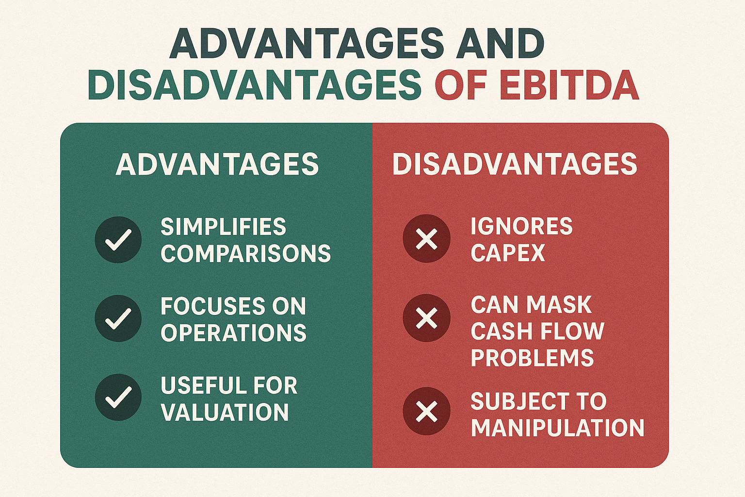Infographic in 1024x1024 square format showing "Advantages and Disadvantages of EBITDA" split down the middle. Left side in green shows adva