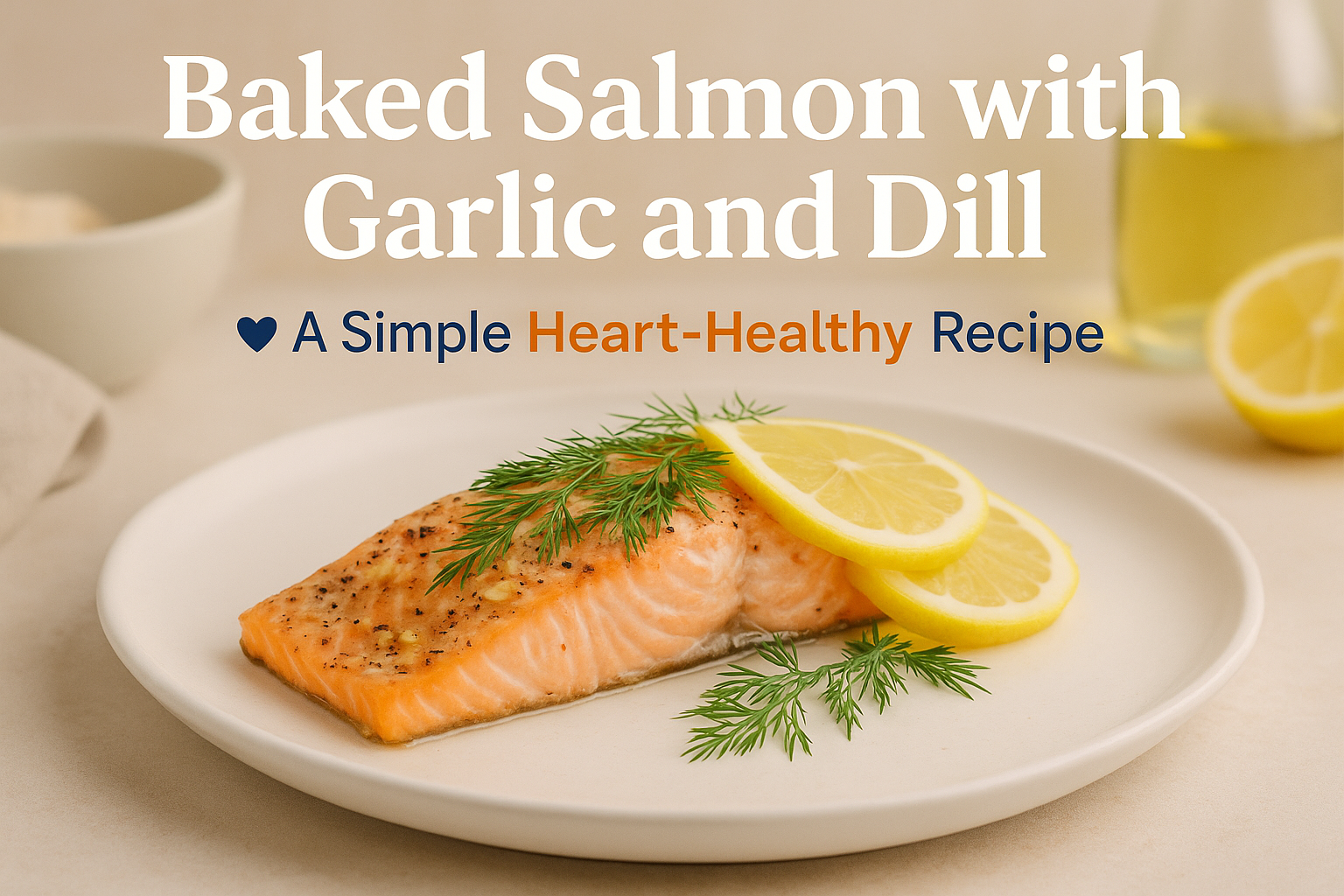 Create a landscape cover image (1536x1024) featuring a beautifully plated baked salmon fillet garnished with fresh dill and lemon slices on 