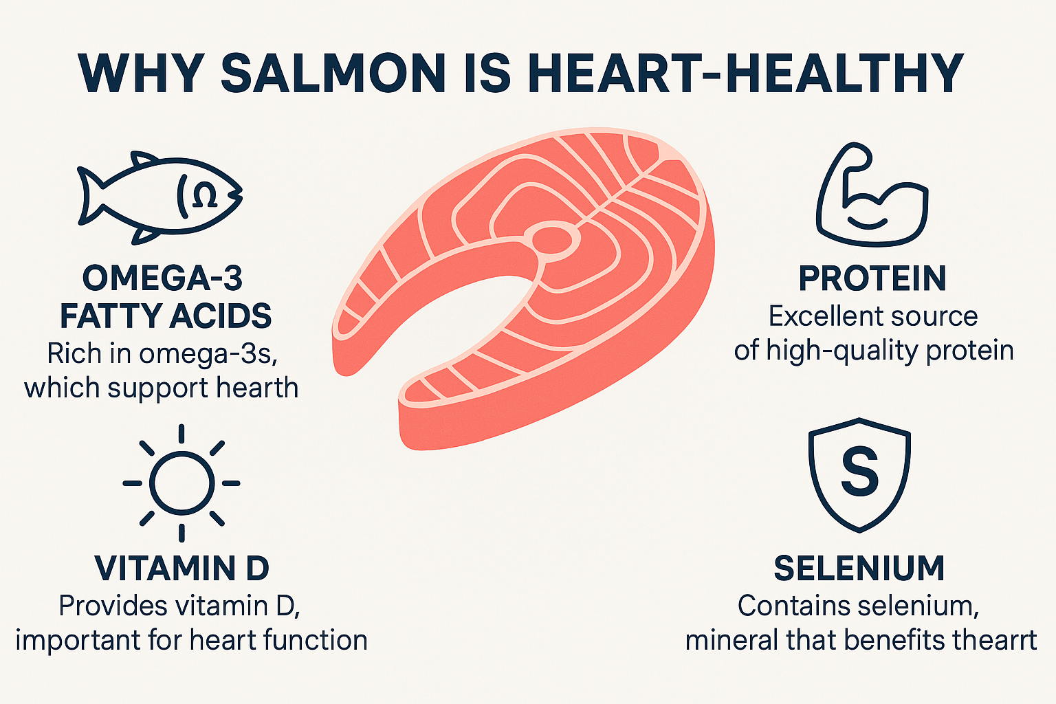 Create a landscape infographic (1536x1024) showing the nutritional benefits of salmon. Use a clean, modern design with icons representing: o