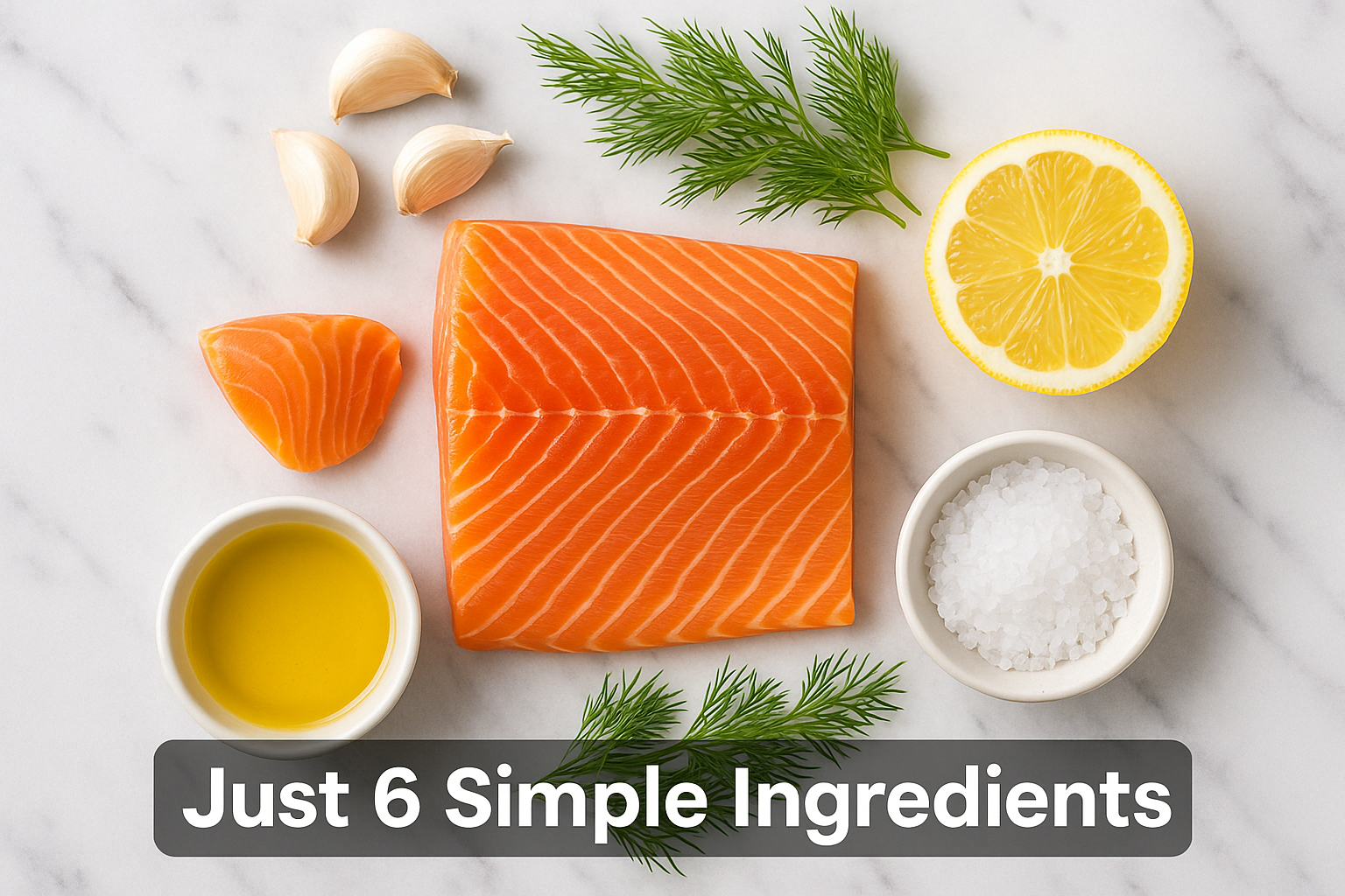 Create a square image (1024x1024) showing the six main ingredients laid out beautifully on a marble surface: fresh salmon fillet, garlic clo
