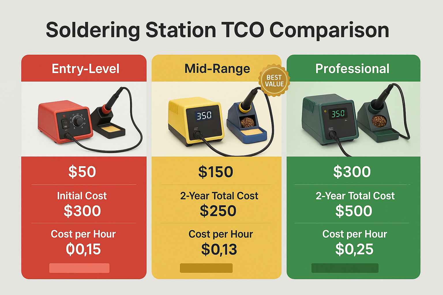 Create a comparison chart (1536x1024) showing three columns representing Entry-Level, Mid-Range, and Professional soldering stations. Each c