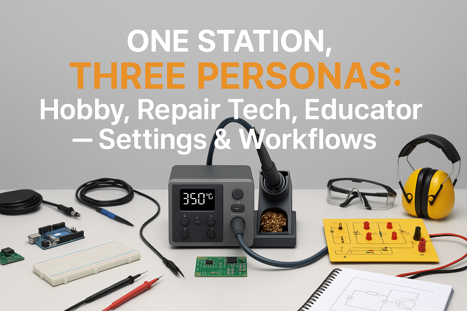 Create a 1536x1024 landscape cover image showing a modern soldering station setup with three distinct work areas representing hobby, profess