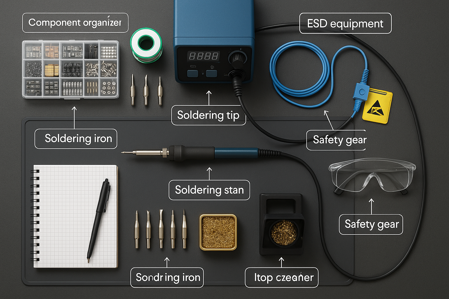 Create a 1024x1024 square image showing a well-organized soldering workstation from a top-down view. Display the soldering iron, various tip