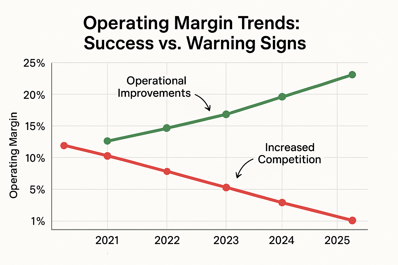 Create a 1536x1024 landscape image showing a timeline or trend graph of operating margin performance. Display a line graph showing operating