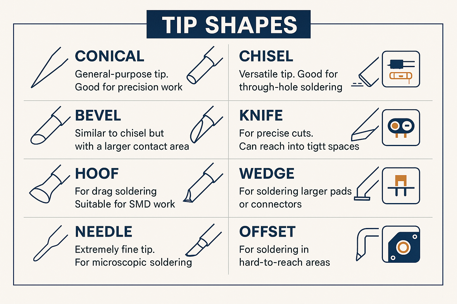 Create a detailed infographic in 1536x1024 landscape format showing all 8 tip shapes with clear labels and their primary applications. Displ