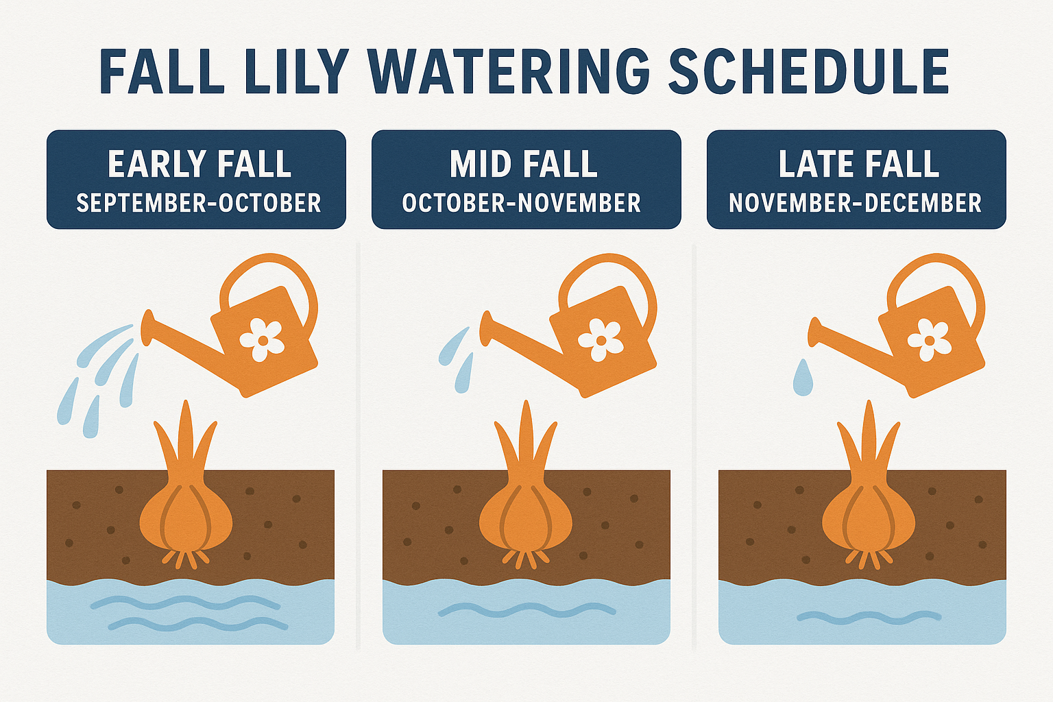 1536x1024 landscape infographic showing a visual watering schedule for lilies in fall. Split into three sections: Early Fall (September-Octo