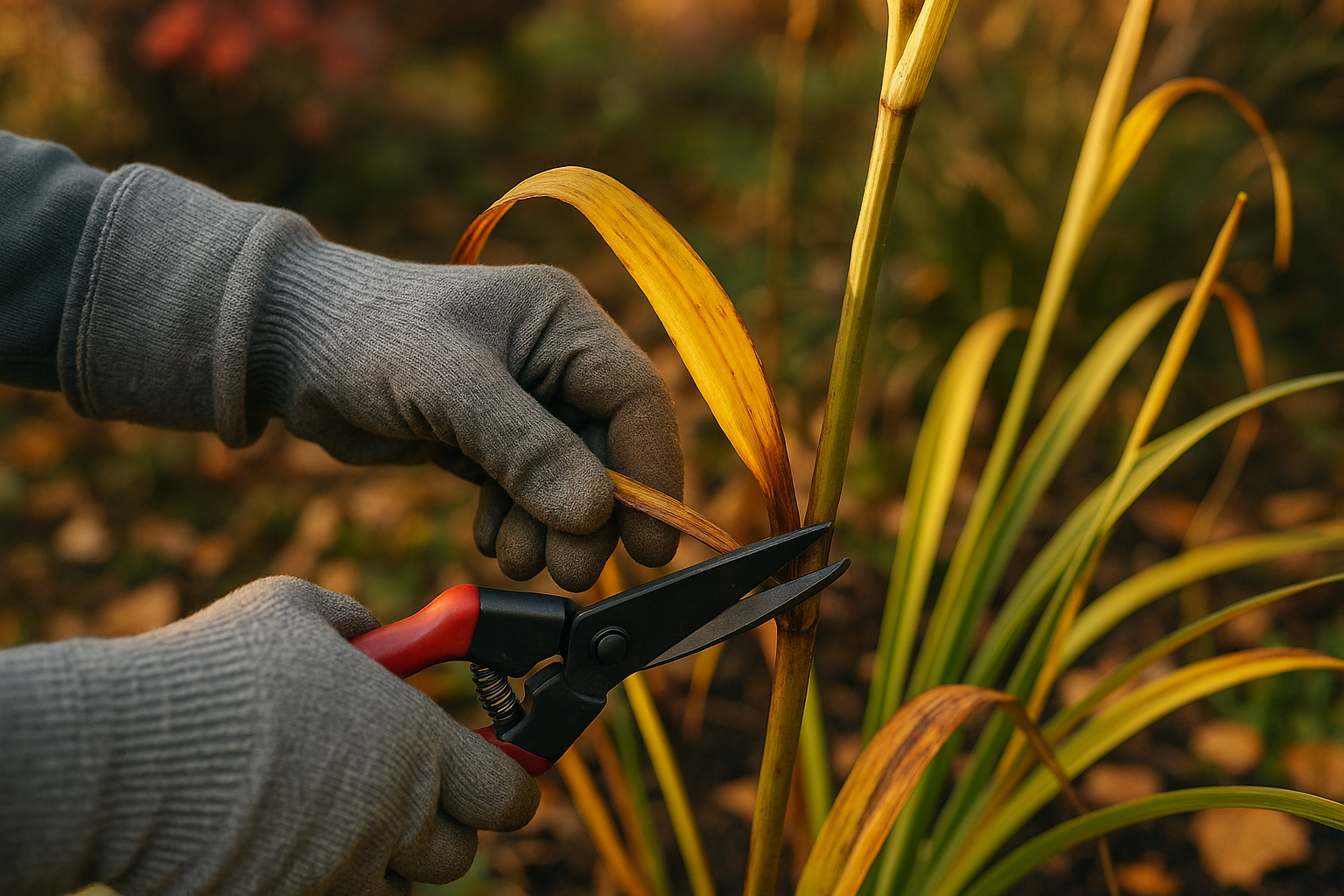 1024x1024 square image showing a close-up of hands in gardening gloves properly cutting back yellowed lily foliage with clean pruning shears