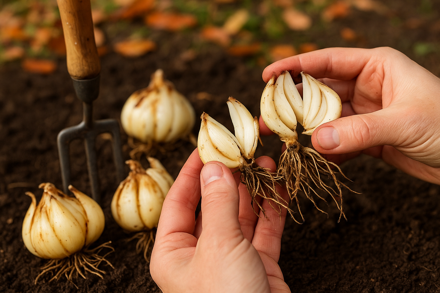 1024x1024 square image showing healthy lily bulbs being divided. Hands holding separated bulbs with visible scales and roots. Some bulbs in
