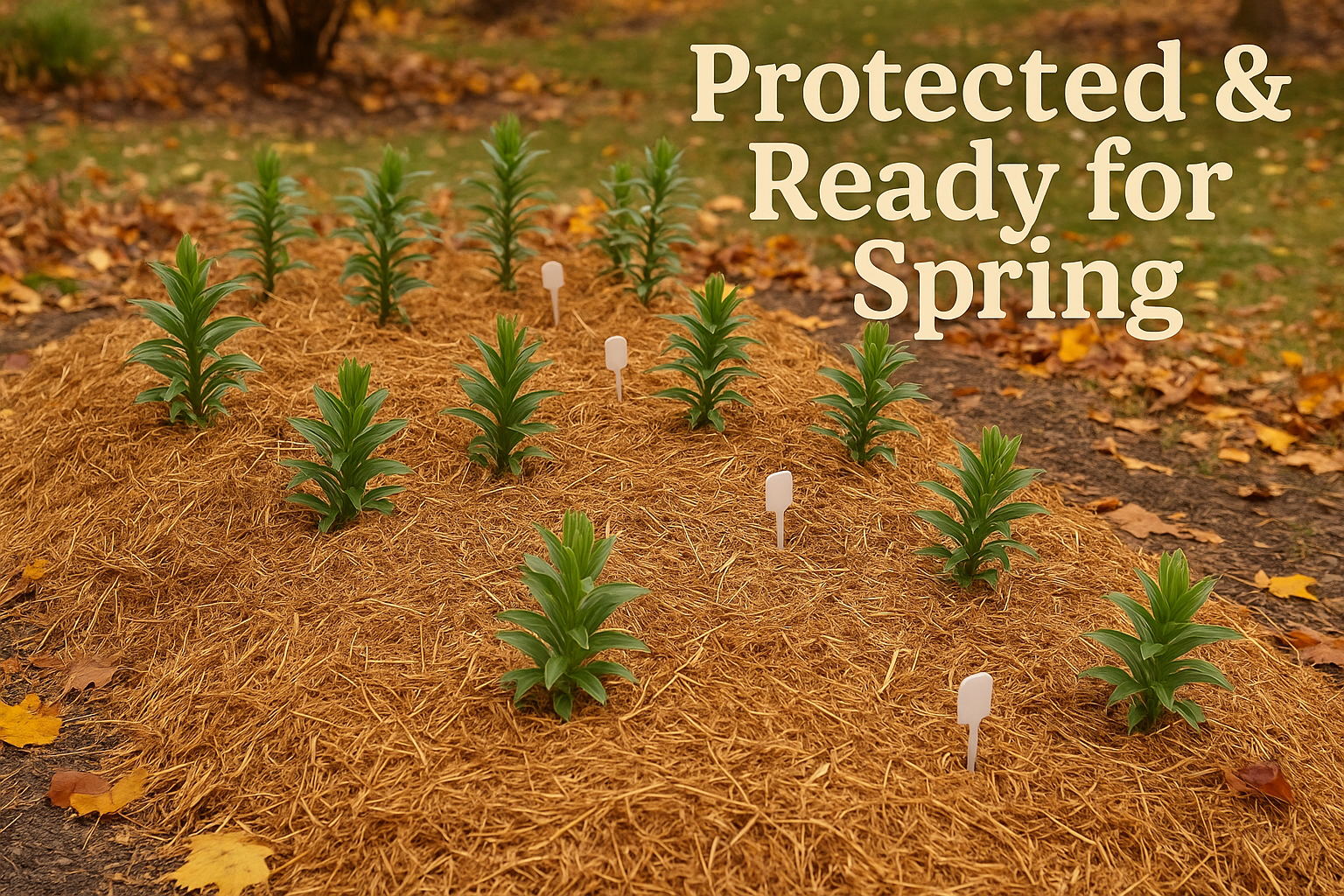 1536x1024 landscape image showing a beautiful lily bed properly mulched for winter. Thick layer of shredded leaves or straw mulch covering t