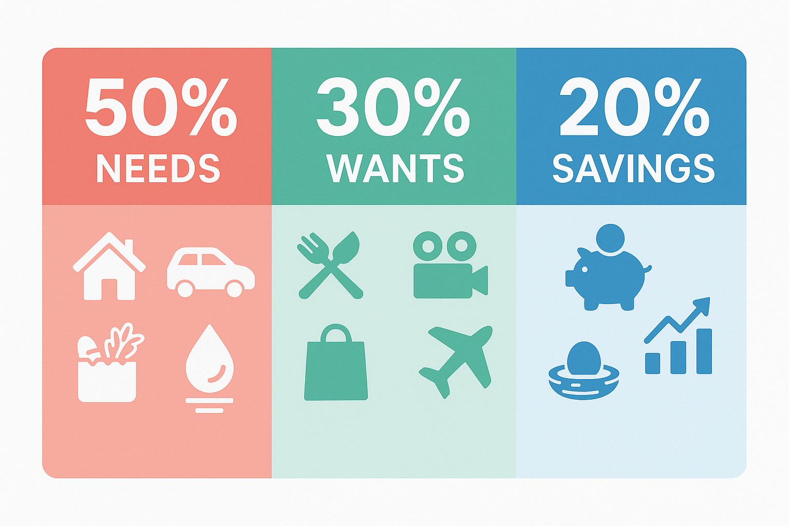 Infographic in 1536x1024 landscape format showing the three categories of the 50/30/20 rule. Left section in coral/red shows "50% NEEDS" wit