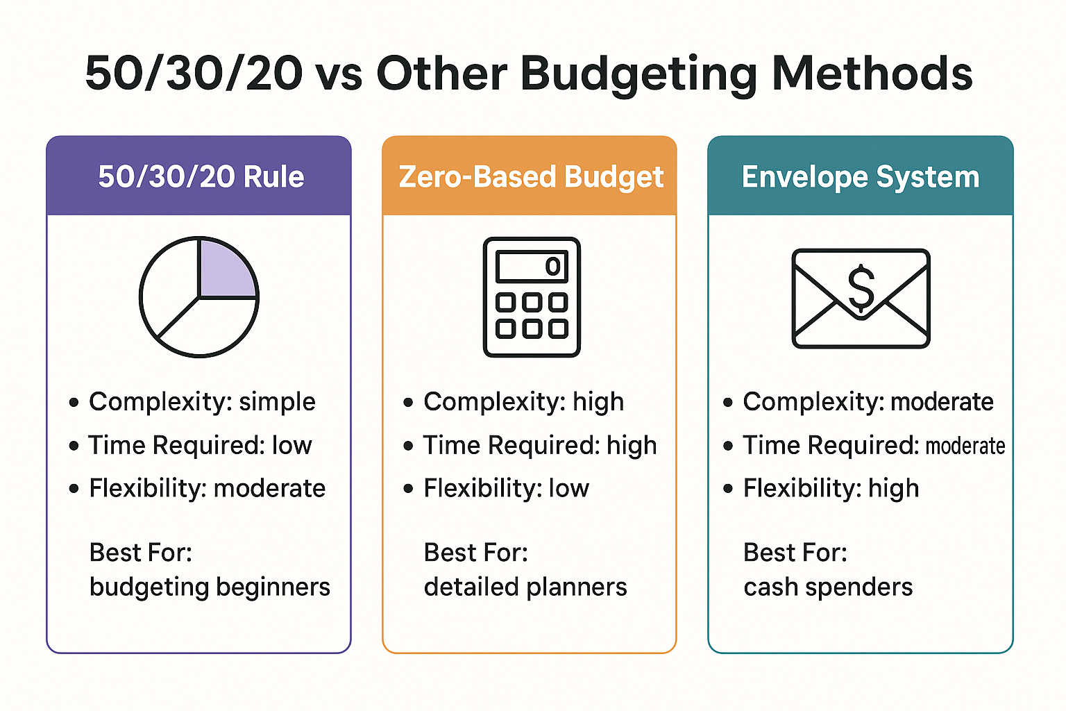 Comparison infographic in 1536x1024 landscape format titled "50/30/20 vs Other Budgeting Methods" at the top in bold text. Create three colu