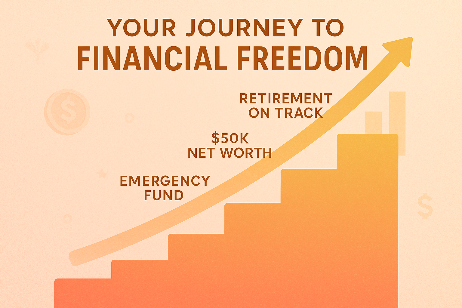 Motivational progress visualization in 1024x1024 square format. Show an upward trending arrow or staircase graphic representing wealth build