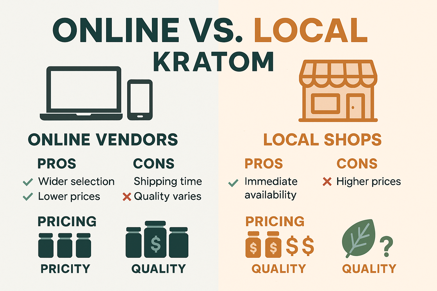 Infographic in 1536x1024 landscape format comparing online vs local kratom purchasing options. Create a split-screen design with online vend