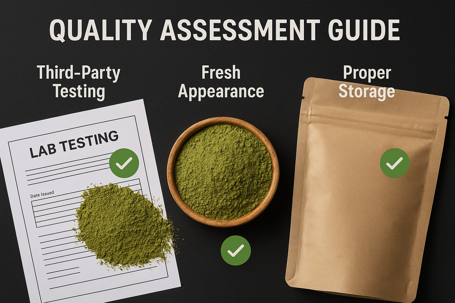 Quality assessment guide image in 1024x1024 square format showing visual indicators of high-quality kratom. Display fresh kratom powder samp