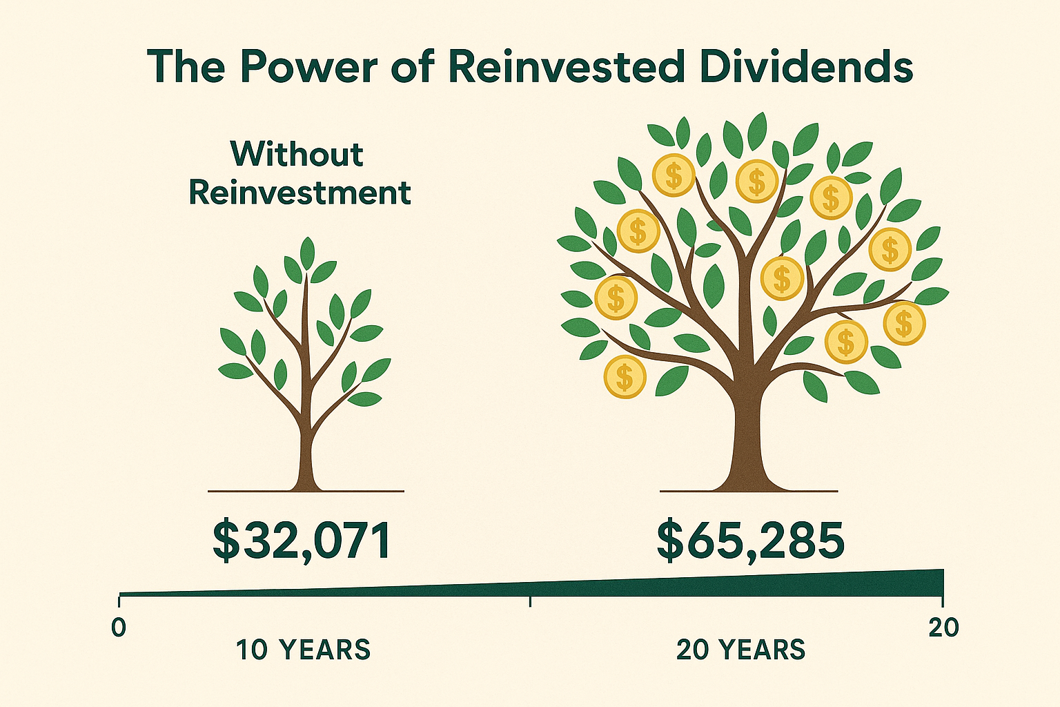 Educational diagram in 1024x1024 square format displaying "The Power of Reinvested Dividends" with two growing tree illustrations. Left tree