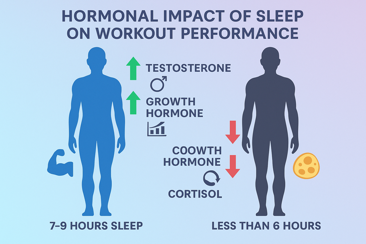 A square image (1024x1024) depicting the hormonal impact of sleep on workout performance. Create a visual comparison showing two human silho
